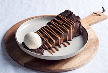 Triple chocolate cake with vanilla ice cream